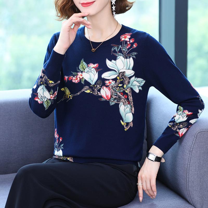 Women's Autumn and Winter Fashion Sweater Casual Knitted Sweater Printing Round Neck Pullover Loose Long Sleeve Sweater