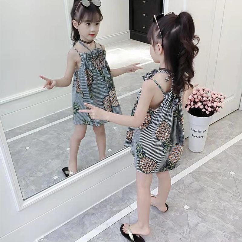 Children's Dress Girl's Suspender Dress Korean Version of Printed Fruit Striped Dress Backless Beach Princess Dress