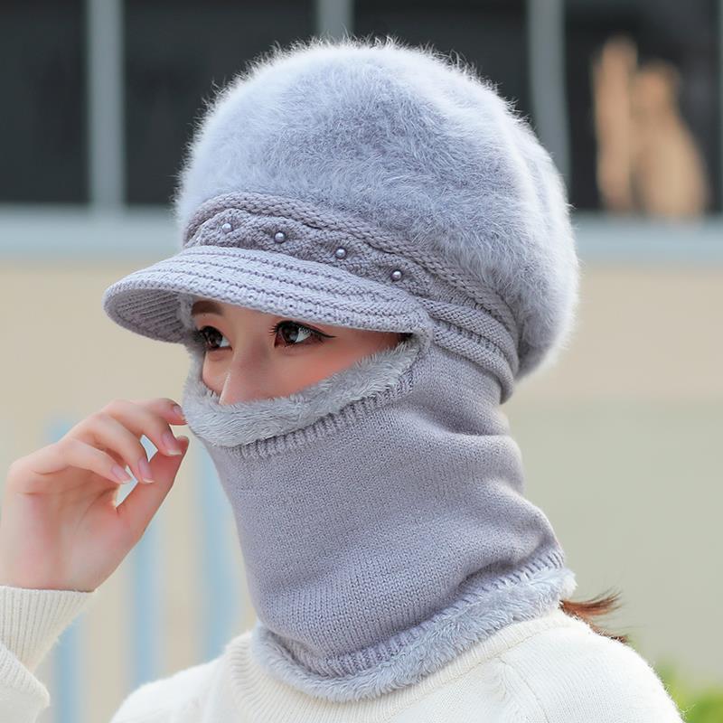 Autumn and Winter Woolen Hat Women's Bib One-piece Hat Plus Velvet Cold and Warm Ear Protection