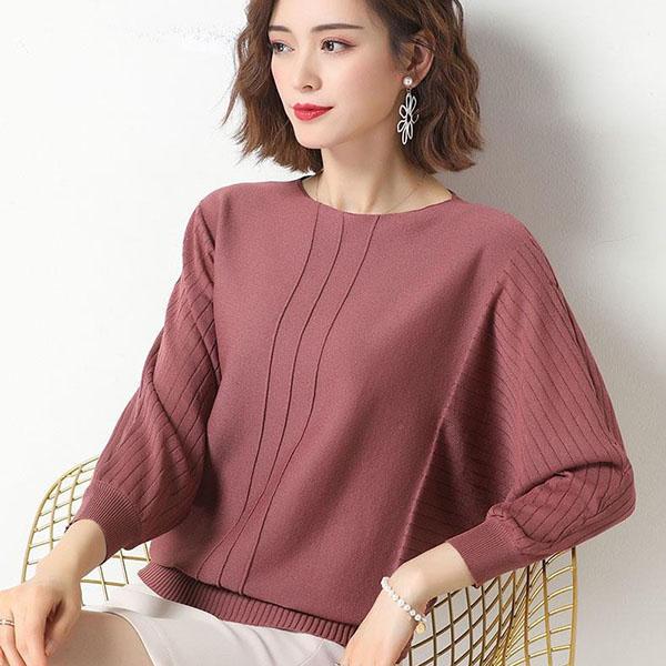 Women's Solid Color Round Neck Loose Versatile Casual Knitted Pullover Spring and Autumn Bat Sleeve Large Size Knitted Tops