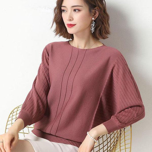 Women's Solid Color Round Neck Loose Versatile Casual Knitted Pullover Spring and Autumn Bat Sleeve Large Size Knitted Tops