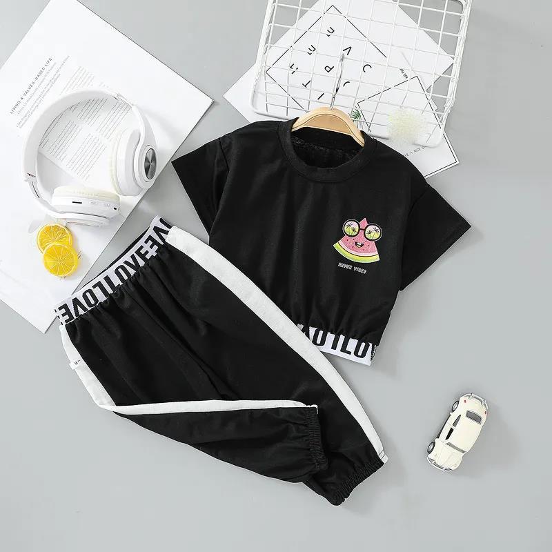 2PCS Children Clothing Set Spring Summer Girls Suits Printing Letter Watermelon Short Sleeve Tops + Pants Clothing Set