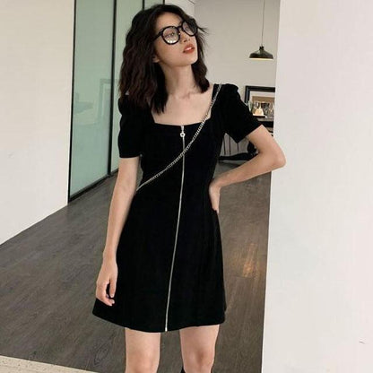 Female Summer Elegant Mini Black Club Dress Vintage Slim Puff Sleeve Short Holiday Dress Graceful Party Dress