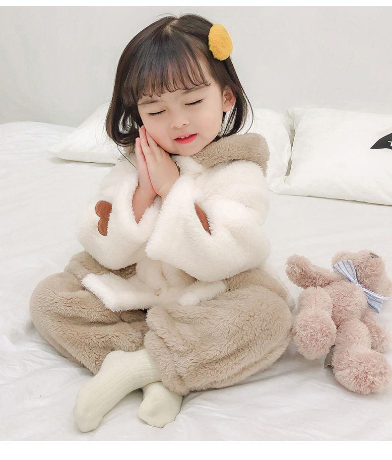 Children's Thickened Coral Velvet Home Clothes Winter Boys and Girls Bear Lovely Flannel Warm Pajamas Set