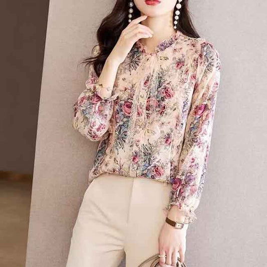 Chiffon Shirt Women's Embroidered Bow Print Top Women's High-end Shirt