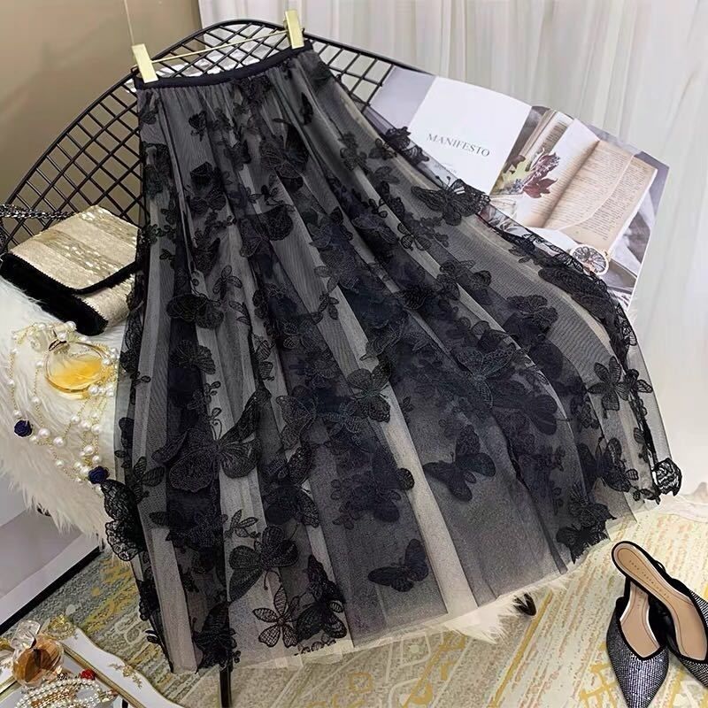 Butterfly embroidery Women Chiffon Skirt Mid-length A-line Skirt Plus Size Fairy Skirt Summer Ruffled Elastic Waist Sandy Beach Vacation Daily