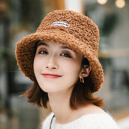 Women Hat Autumn and Winter All-match Lamb Wool Fisherman Hat Round Face Thinner Thick Bucket Hat Fashion Warmth Out Hat Adjustable Size