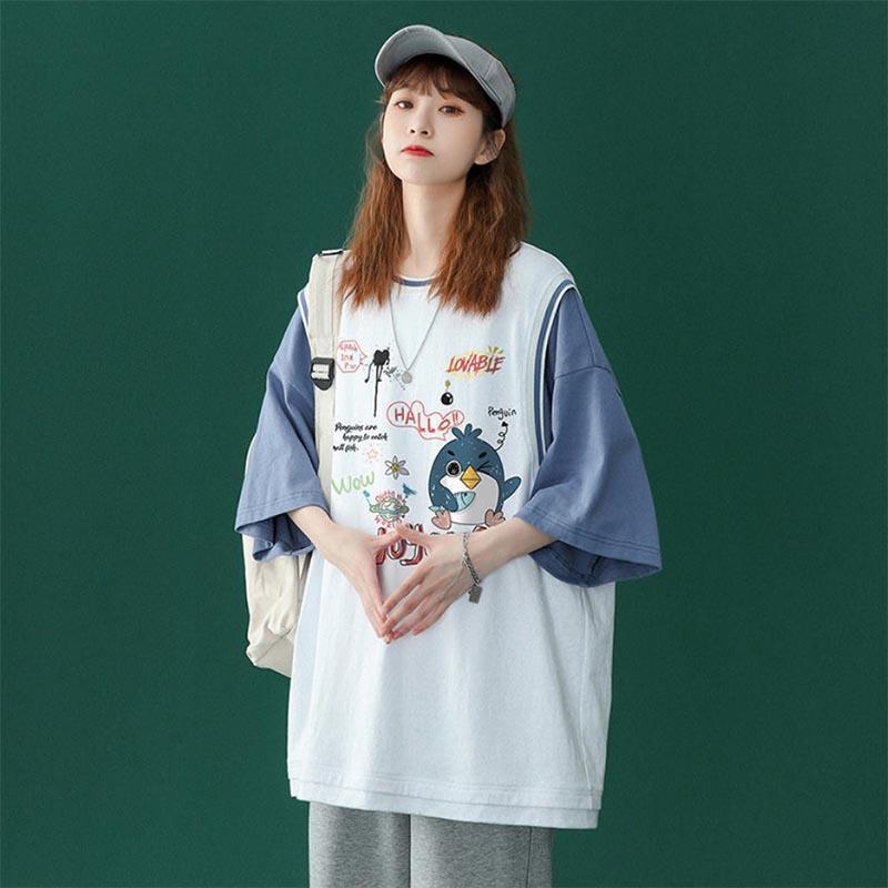 Fake Two-piece Basketball Uniform Short-sleeved T-shirt Women's Loose Design Sense Niche Fried Street Half-sleeve Top Trendy