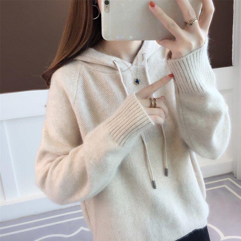 Spring and Autumn Hooded Jacket Loose Short Knitted Sweater Solid Color Long Sleeve Women's Top