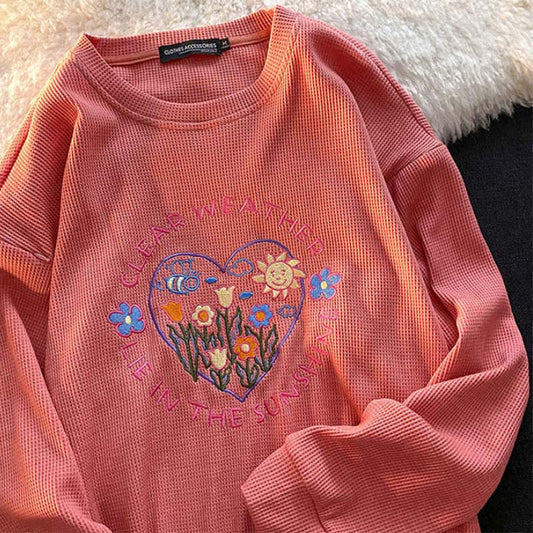 Waffle Vibe Wind Sweater Women's Trendy Ins Spring and Autumn Niche Loose Embroidery Long-sleeved Top Women