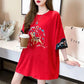 Chinese Style Embroidery Round Neck T-shirt Summer Loose Breathable Women's Tops Ladies Basic Tee Shirt