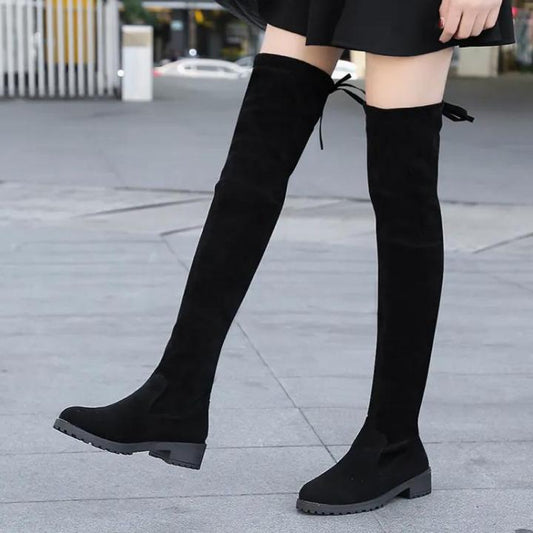 Women's Winter Long Boots Plus Size Black Low Thick Heel Plush Boots Female All-match Casual Party Elastic Boots