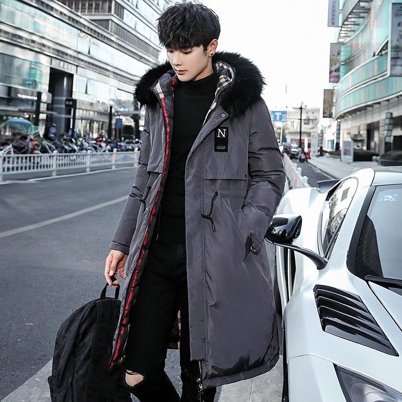 Winter Padded Jacket Men's Plus Velvet Thick Mid-length Korean Style Loose Hooded Big Fur Collar Padded Jacket Parka Coat Trend