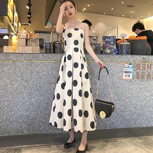 2020 Long Split Vestidos Women Straps Sleeveless Summer Sundress Polka Dot Printed Dress Female