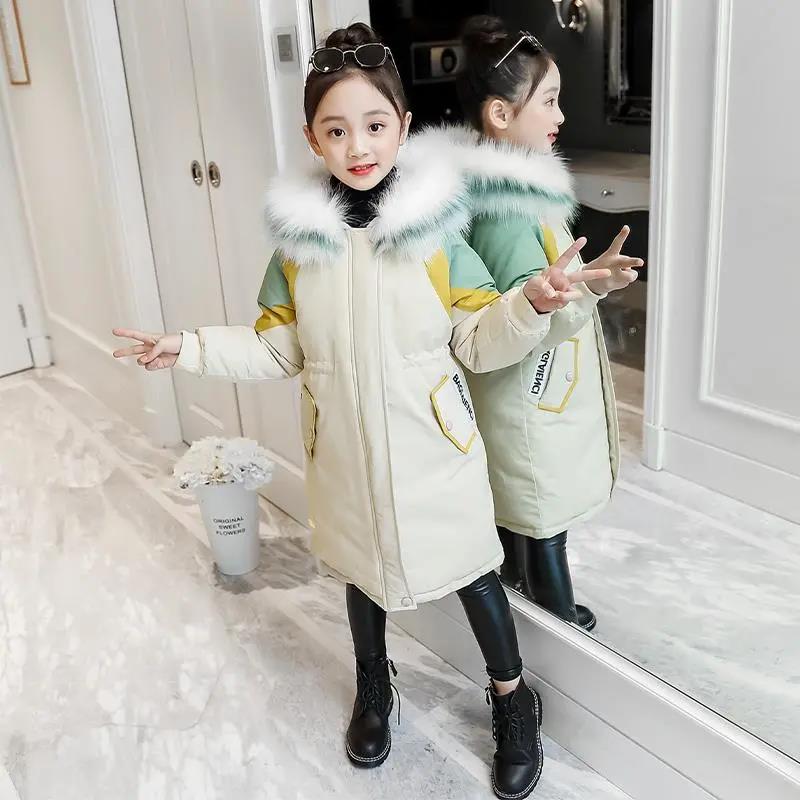 Girls' Cotton-padded Clothes Big Children's Korean Version Thickened Color-blocking Down Jacket Girls' Winter Cotton-padded Jackets