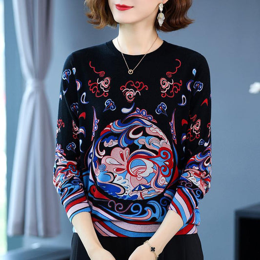 Autumn and Winter Women's Knitted Sweater Cartoon Print Sweater Round Neck Pullover Long Sleeve Bottoming Shirt Loose Fashion