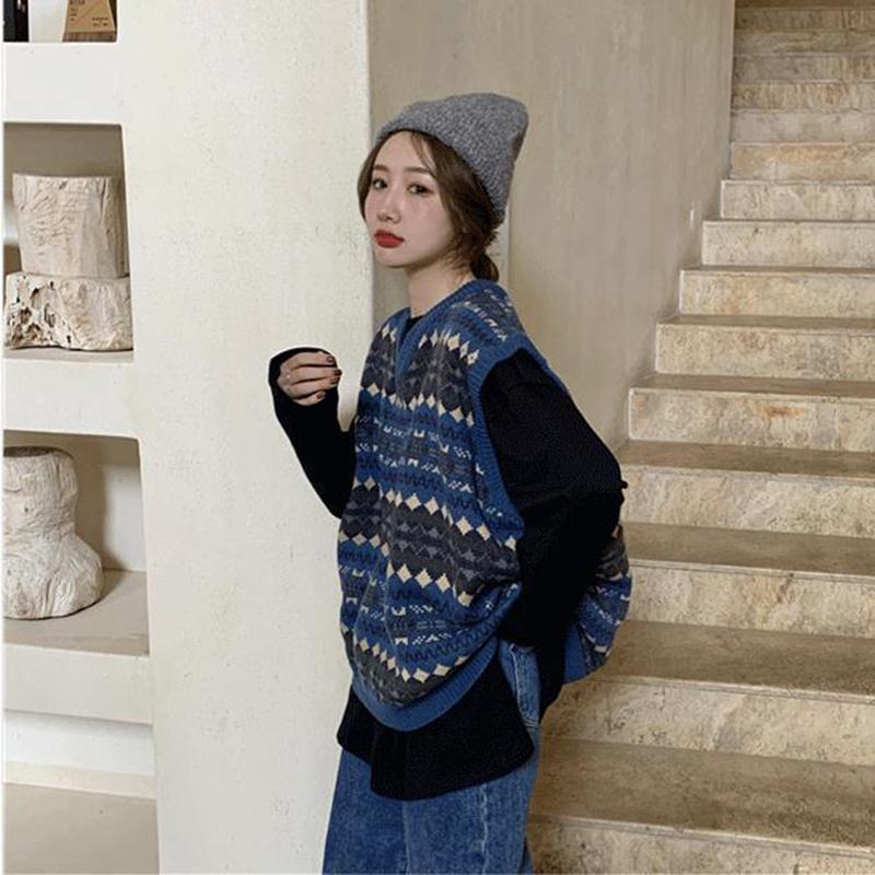 Autumn Korean Fashion All-match Sweater Vest Loose Retro Sleeveless V-neck Knitted   Women