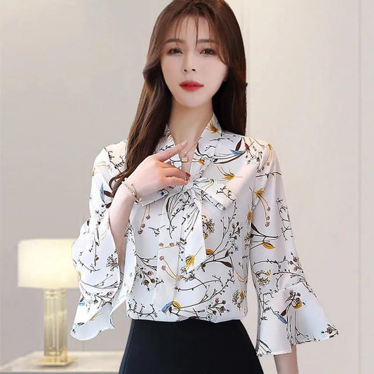 Women's Short-sleeved Chiffon Shirts Trumpet Sleeves Slimming Bottoming Shirts Bowknot Chiffon Shirts Light and Breathable Ladies