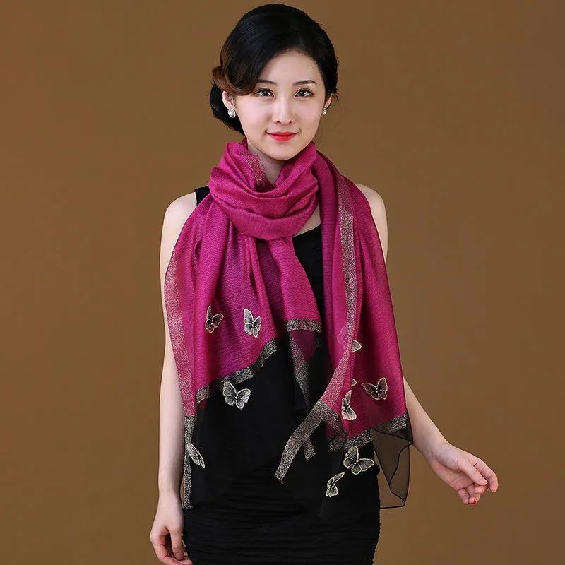 Women's Silk Scarf Mulberry Silk Scarves Autumn Winter Warm Butterfly Embroidery Shawl Long Mother Scarf Female Neck Collar Wrap Shawl Neckerchief