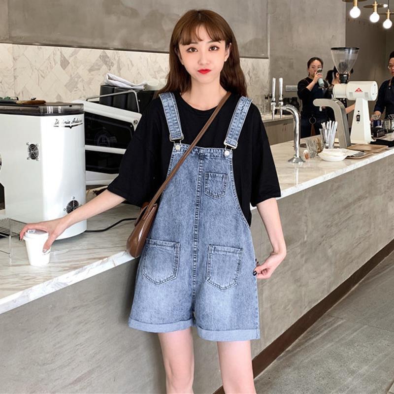 Fashion T-shirt Overalls Suits Women T-shirt  Elastic Waist Strap Denim Shorts Two Piece Short Set