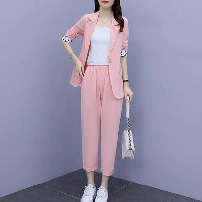 2PCS Women's Solid Color Suits Set Spring and Autumn Suit Thin Jacket + Loose Casual Pants Two-piece Large Size Fat Girl Slimming Suit