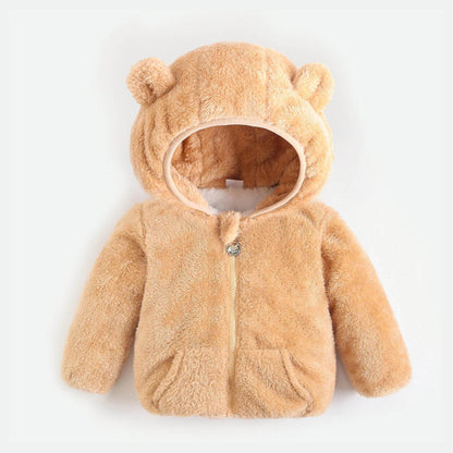 Children's Jacket Boys and Girls Autumn and Winter Padded Cotton Clothes Baby Children Coral Fleece Children's Hooded Plus Velvet Padded Jacket