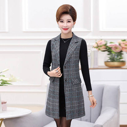 Women's Plaid Vest Jacket Mid-length Sleeveless Women's Waistcoat Suit Waistcoat Women's Mid-length Sleeveless Jacket Slim and Thin