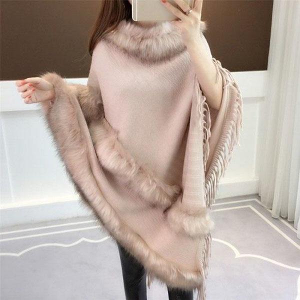 Autumn and Winter Imitation Fox Fur Cloak Shawl Bat Shirt Female Fur Collar Coat Plus Size Tassel Mid-length Sweater Coat