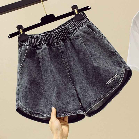 Denim Shorts Women's High Waist Wide Leg A-line All-match Large Size Thin Elastic Waist Loose