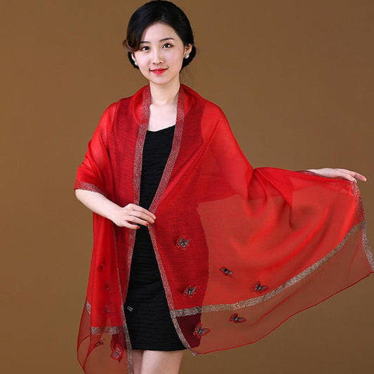 Women's Silk Scarf Mulberry Silk Scarves Autumn Winter Warm Butterfly Embroidery Shawl Long Mother Scarf Female Neck Collar Wrap Shawl Neckerchief