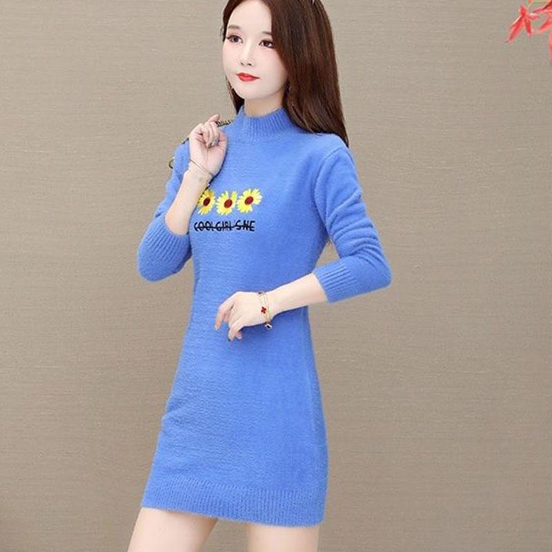 Autumn and Winter Mohair Knitted Sweater Half High Neck Thick Loose Bottoming Shirt Mid-length Casual Women Sweater Dress