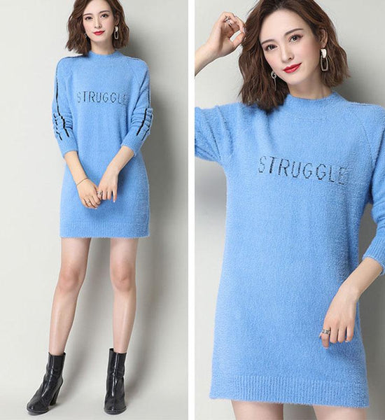 Autumn and Winter Fluffy Bottoming Shirt Loose Mid-length Knitted Sweater Pullover Simple Dress