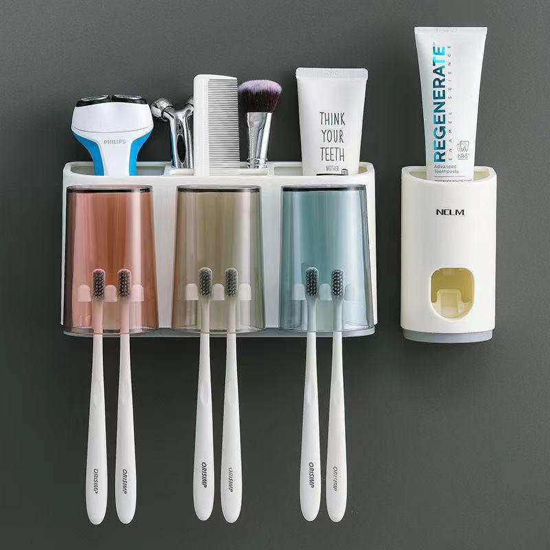 Toothpaste Dispenser Wall Mount Dust-proof Toothbrush Holder Wall Mount Storage Rack Bathroom Accessories Set Squeezer