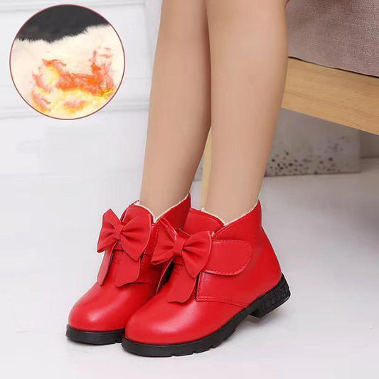 Children's Shoes In Autumn and Winter Soft Sole Non Slip Plush Cotton Boots Girls' Bowknit Solid Color Mid Top Snow Boots