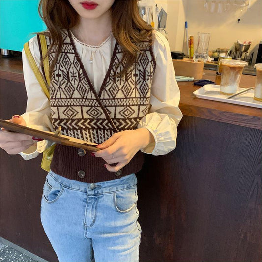 Retro Jacquard Design Double-breasted V-neck Knitted Vest Women's Cardigan Thin Sweater Sleeveless Jacket Soft Fabric