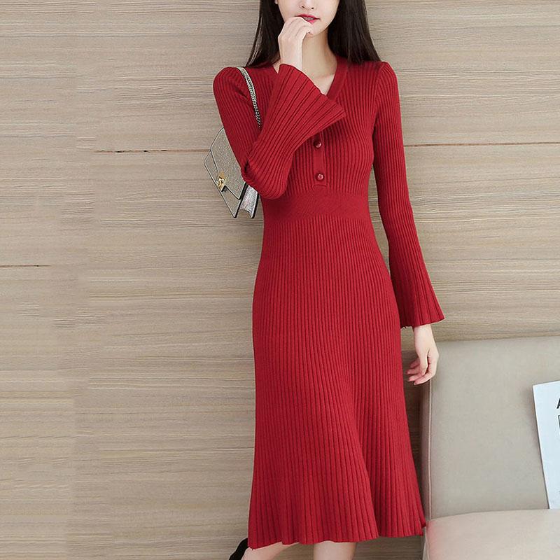 Autumn and Winter V-neck Knitted Dress Thick Flared Sleeve Tight-fitting Base Dress Mid-length Over The Knee Women's Sweater Dress