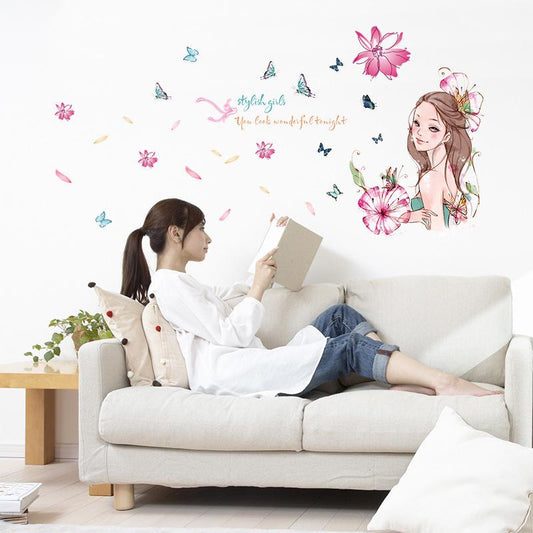 Creative fashion girl wallpaper living room girl bedroom decoration waterproof pink wall stickers