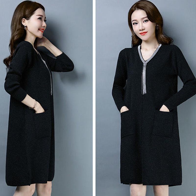 Autumn and Winter Knitted Simple Dress Mid-length Fashion Casual Bottoming Skirt Middle-aged Women Sweater Dress