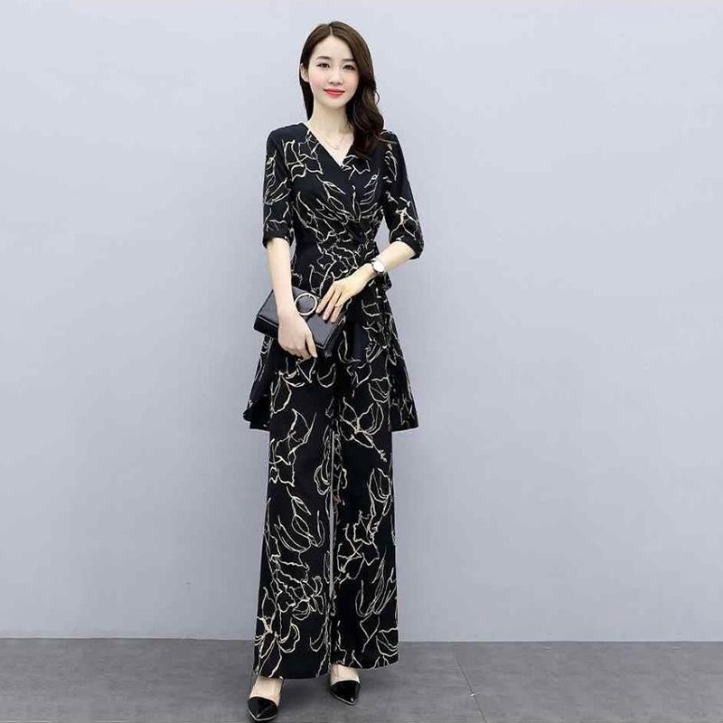 High-waist Wide-leg Pants Suit Summer Plus Size Suit Vertical Wide-leg Pants V-neck Short-sleeved Top Waist Slimming Casual Suit