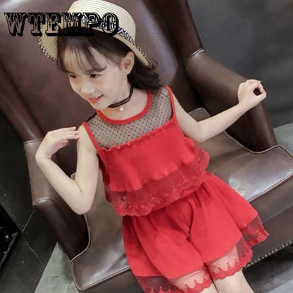 2PCS Kids Girl Clothing Short Sleeve Lace Tops + Short Pants Trousers Suit