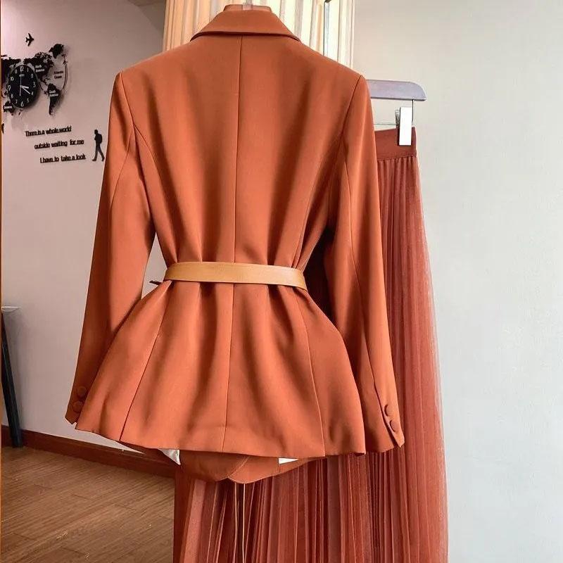 2PCS Women's Autumn High-end Two-piece Suit Jacket + Gauze Skirt Suit Jacket A-line Skirt Casual Work Clothing Ladies Elegant Sets