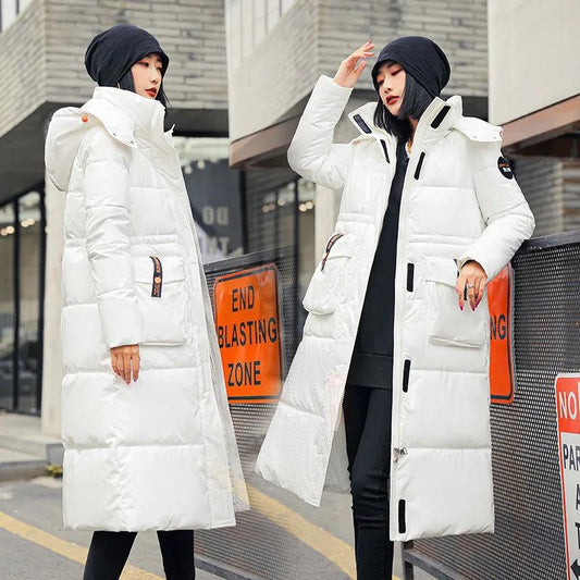 Women's Winter Korean Style Loose Quilted Coat Warm Stand-up Collar Down Jacket Women's Bright Face Long Down Jacket