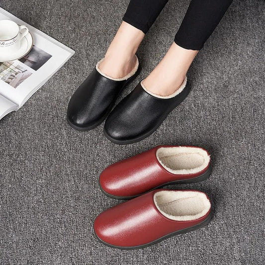 Cotton Slippers Winter Leather Waterproof Thick Warm Women Slide Plus Size Mens Slippers