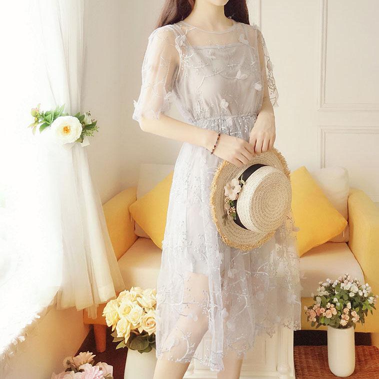 Women Summer Casual Fairy Dress Suit Vintage High Waist Short Sleeve Slim Elegant Base Slip Dress Lace Mesh Dress 2 Pieces Set