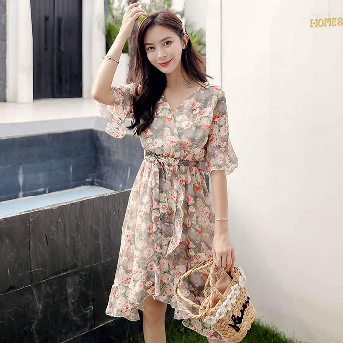 Pofulove Women Chiffon Printed V-neck Dress Slim Fit A-line Sun-dresses Mid-length Beach Skirt