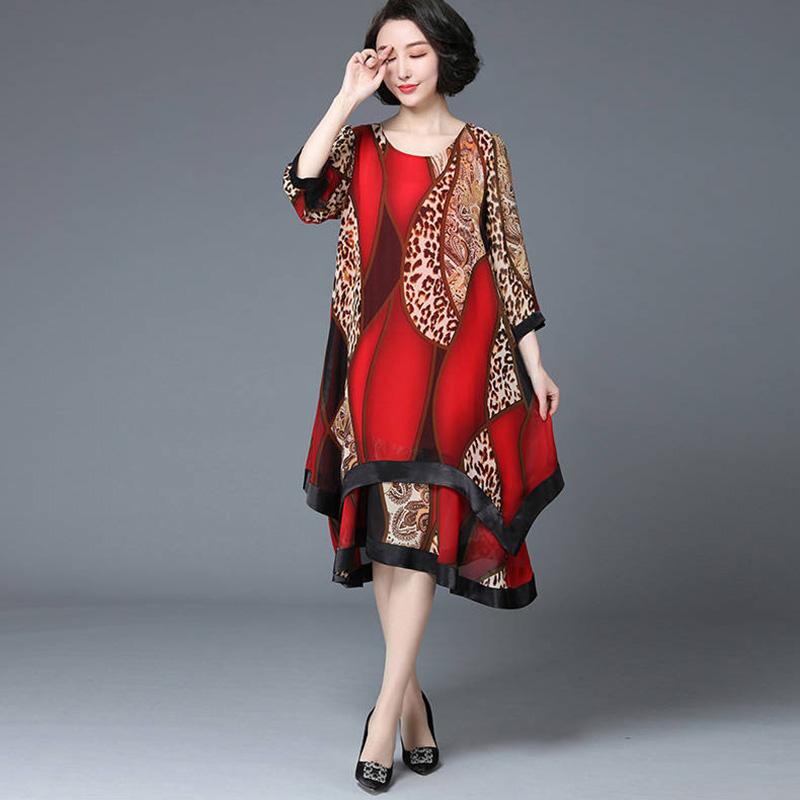 L-XXXXXL Women's Summer Dress Chiffon Veil irregular Leopard Round Neck Printing Mid-length Daily Wear