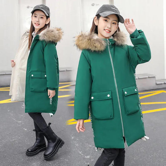 Girls Winter Warm Cotton Coat Children's Windproof and Velvet Padded Jacket Mid-length Thick Korean Jacket