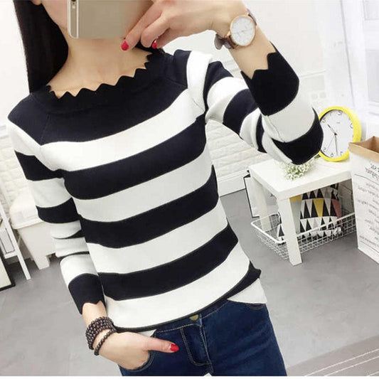 Autumn and Winter All-match Sweater Slim Short Bottoming Shirt Striped Pattern Young Women's Top