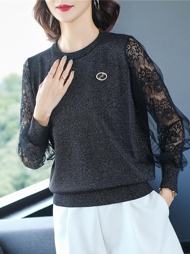 Lace Hollow Bottoming Shirt Women's Small Sweater Knitted Sweater Early Spring and Autumn Outer Wear Thin Top