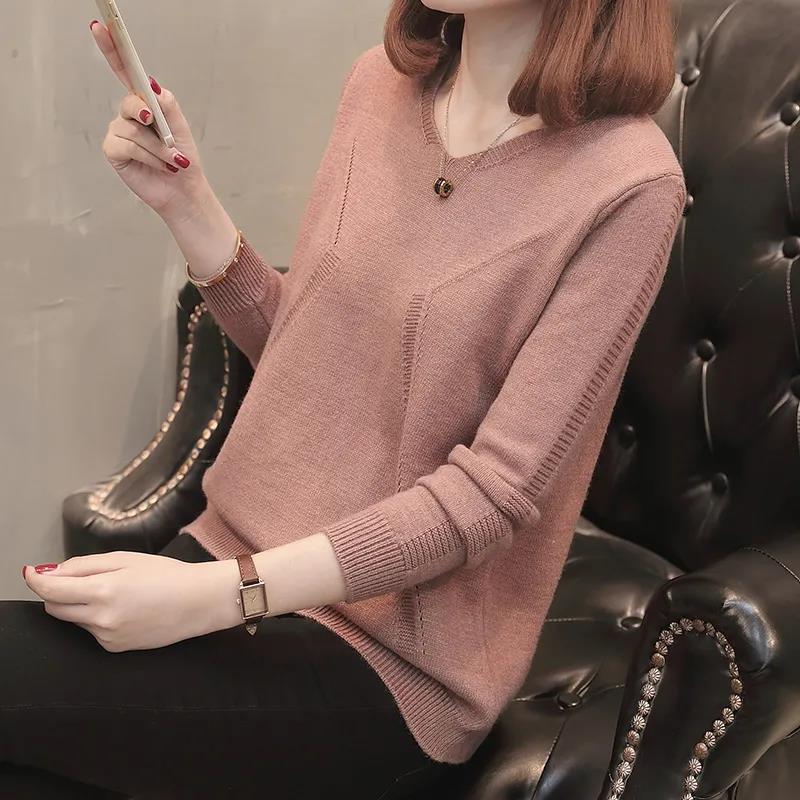 Sweater Pullover Korean Loose Temperament Top V-neck Bottomed Sweater Autumn and Winter Thread Fashion Women